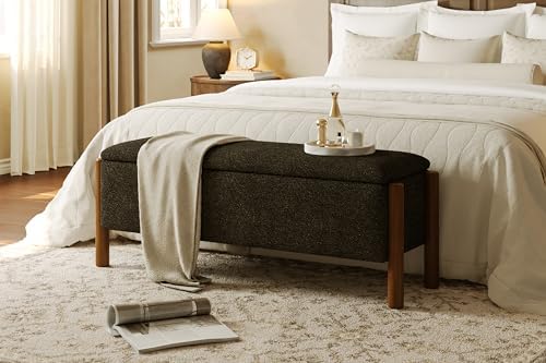 Modern Storage Benches with Walnut Wood Legs, 47'' Ottoman Bench with 20 Gallons Storage Space for Bedroom End of Bed, Fabric Upholstered Entryway Bench with Seating for Livingroom, Gray