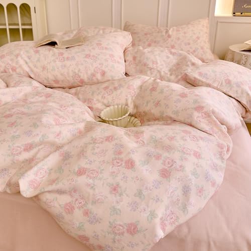 HighBuy Cotton Muslin Duvet Cover Twin XL Size for Teen Girls,Cottagecore Pink Floral Print Bedding Set 3 Pieces,Soft Breathable Princess Gauze Cotton Comforter Cover for Girls Kids Toddlers