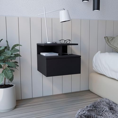 Tuhome Adele Floating Nightstand, Wall-Mounted Bedside Table with 1 Drawer and 2 Open Shelves, 11.6" H x 14" W x 13.2" D Small Night Stand for Compact Bedrooms, Engineered Wood