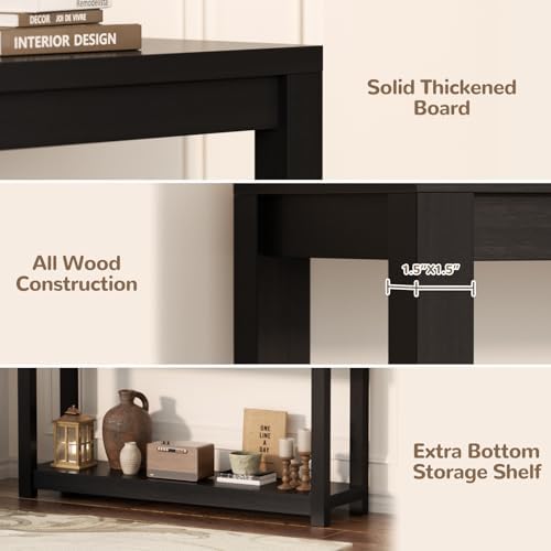 Besiost 47" Farmhouse Wood Entryway Table Narrow Console Table with Storage Behind Couch Sofa Table with Shelves for Entry Way with Open Storage, Easy Assembly, Embossed Wood Grain Black