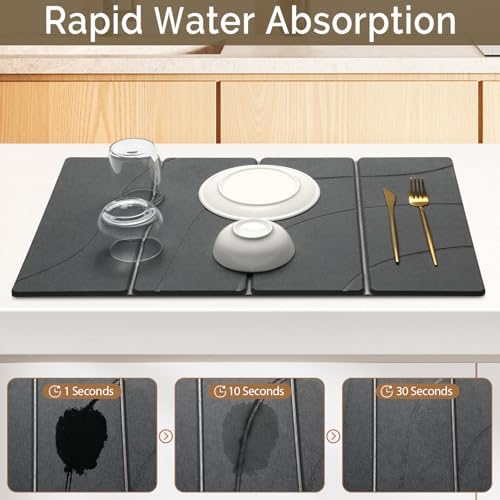 Large Stone Dish Drying Mat for Kitchen Counter, 2 PCS Quick Dry Stone Mats, Foldable Water Absorbing Diatomaceous Earth Drying Dishes Pad for Countertop Bottle Utensil Cup(Carved Gray 24"x16"&8"x4")