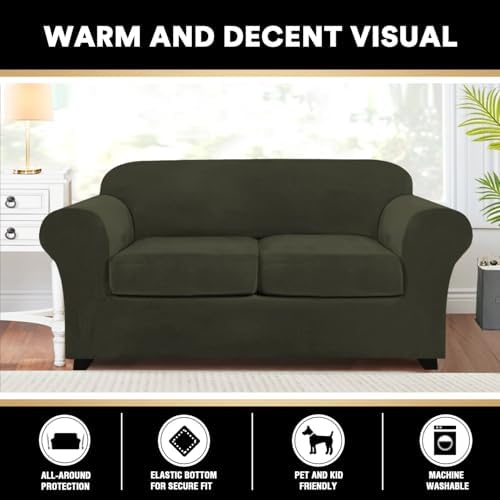 PrinceDeco Velvet Couch Cover Loveseat Covers for 2 Cushion Couch 3 Piece Sofa Covers for Dogs Washable Loveseat Covers Width Up to 72 Inch No Slip Stretch Sofa Slipcover(Medium, Olive)