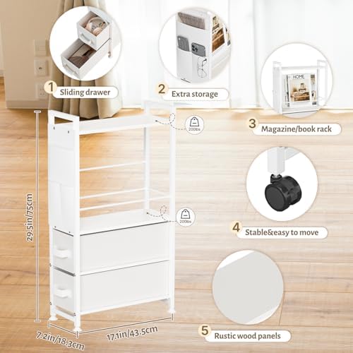 Oppro 2 Drawer Small Narrow Side End Table, Slim Nightstand with Wheels