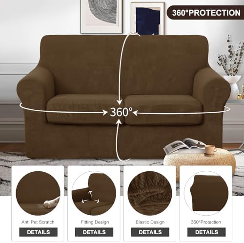 U-NICE HOME 3 Pieces Stretch Loveseat Couch Cover, Brown