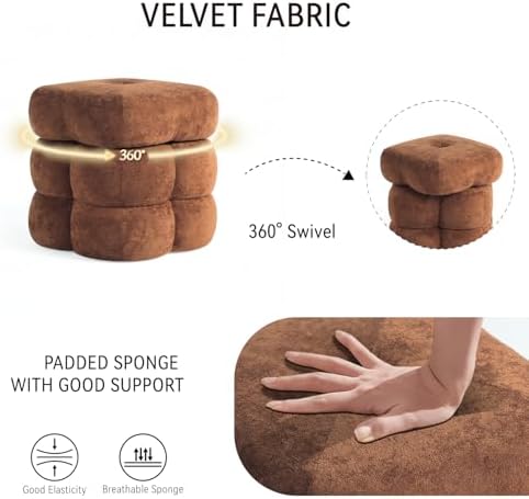 Get Set Style 360° Swivel Flower Ottoman, Linen Vanity Stool Footrest with 300LBS Capacity, No Assembly Small Space Accent Chair for Living Room Bedroom Entryway (Honey Ginger)