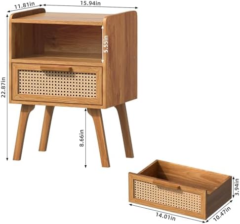 Lerliuo Rattan Nightstand, Side Table with Drawer Open Shelf