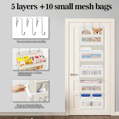 KYEVIS Over The Door Organizer, 5 Shelves Closet Door Hanging Organizer with 10 Mesh Pockets, Nursery Closet Organizer, Baby Essentials, Dorm Room Essentials for Girls