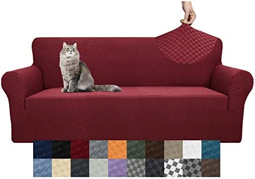 YEMYHOM Couch Cover Latest Jacquard Design High Stretch Sofa Covers for 3 Cushion Couch, Pet Dog Cat Proof Slipcover Non Slip Magic Elastic Furniture Protector (Sofa, Christmas Wine Red)