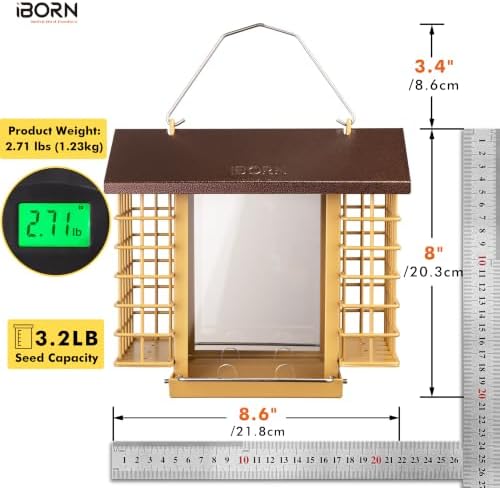 iBorn Bird Feeders for Outdoors,Bird Feeder with Double Suet Holders,Suet Feeder for Outside,Weatherproof Metal Roof,Easy to Refill&Clean,3.2 LBs Seed Capacity+2X Cake,1 Pack,Coffee Roof & Yellow Grid