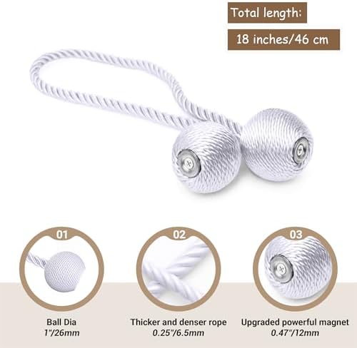 Hion Magnetic Curtain Tiebacks White 2pcs, Curtain Holdbacks Hooks Holders