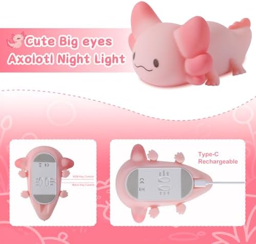 ZKLiLi Axolotl Kids Night Light,Squishy Cute Lamp Dimmable Childrens Night Light Gifts for Baby with Timer & 16 Colors,Rechargeable Bedroom Smart LED Bedside Lamps Toddler Night Light