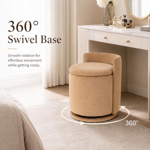360° Swivel Makeup Chair with Storage, Upholstered Accent Stool with Back, Round Vanity Stool Ottoman for Living Room, Makeup Room, Bedroom (Khaki)