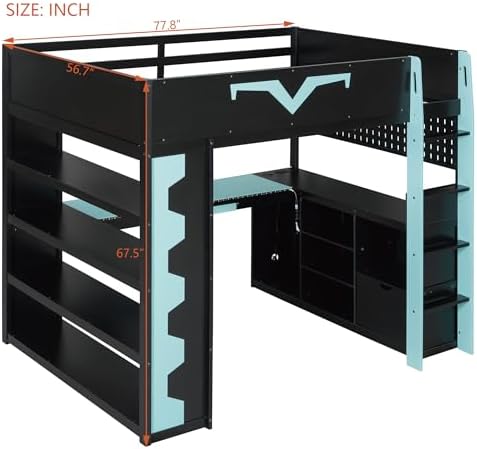 Merax Full Size Loft Bed with Desk & RGB Lights, Wooden Pro-Gamer Bed with Power Outlet, Large Bookshelf, Pegboard, Keyboard Tray & Storage Drawer