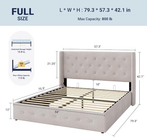 Allewie Full Size Lift Up Storage Button-Tufted Bed Frame Light Beige