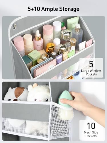 Yecaye Over the Door Organizer, Stuffed Animal Storage, Bathroom Organizers and Storage for Nursery Newborn Baby Essentials Stuff Dorm Room, Widen by 7cm, Deepen by 3cm, Grey 5 Tier Extra-Large
