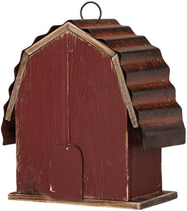 glitzhome 10.2" H Rustic Bird House Outdoor Garden Red Barn Patio Garden Decorative Handmade Distressed Solid Wood Birdhouse