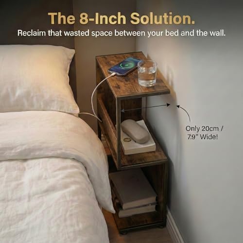 Narrow End Table for Small Spaces - Slim Side Table, S Shape Design Narrow End Tables Living Room,Skinny Bedroom Nightstand Thin Side Magazine Bookshelf (Rustic Brown)