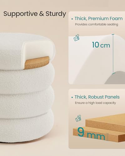 SONGMICS Round Ottoman with Storage, Vanity Stool, Teddy Fleece