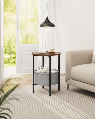 Vagusicc Small Round Side Table, Accent End Table with Fabric Basket, Drink Table Coffee Table for Small Spaces, Sofa Corner Table,Bedside Table,Modern Nightstand for Living Room,Bedroom, Rustic Brown