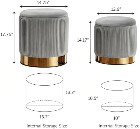 Round Ottoman with Storage Set of 2 Light Gray Velvet Vanity Stool