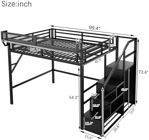 Queen Size Metal Loft Bed with Storage Stairs & Open Wardrobe, Black