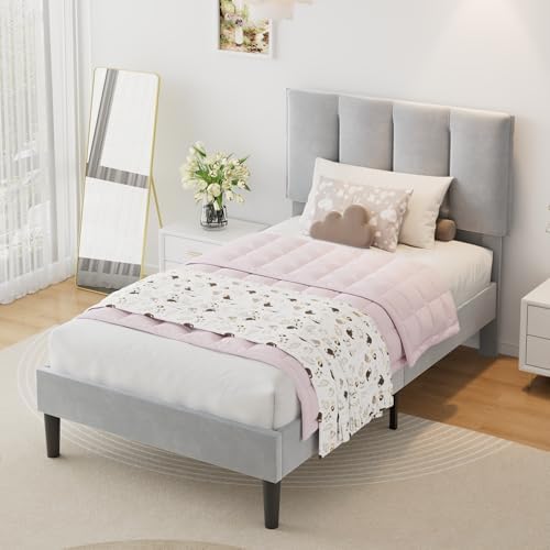 VECELO Twin Size Bed Frame with Upholstered Headboard, Light Grey