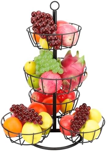 Livabber Fruit Basket Bowl, Metal Fruit Vegetable Storage Basket for Kitchen Counter, Large Capacity Vegetable Holder Rack Detachable Organizer for Bread Snack Produce (Black, 5-Tier Metal Base)