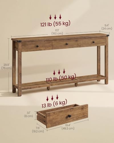 VASAGLE 63 Inche Narrow Console Table with 3 Drawers and Open Storage Shelf