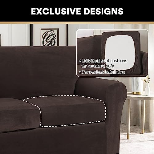 PrinceDeco Velvet Couch Cover Loveseat Covers for 2 Cushion Couch 3 Piece Sofa Covers for Dogs Washable Loveseat Covers Width Up to 72 Inch No Slip Stretch Sofa Slipcover (Medium, Brown)