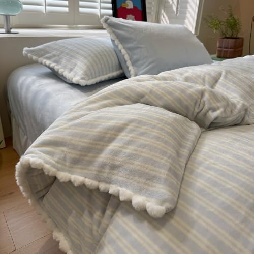 AOJIM Milk Velvet Duvet Cover Set King Retro Sky Blue Striped Bedding 3Pcs