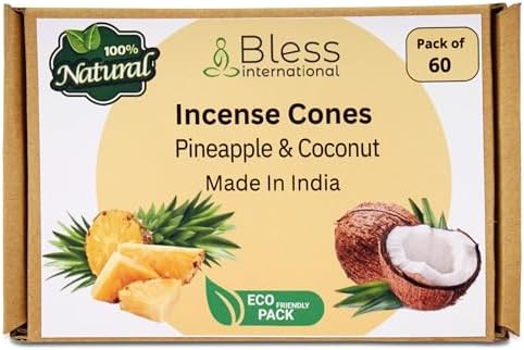 Bless International Pineapple and Coconut 100%-Natural-Incense-Cones Handmade-Hand-Dipped Organic-Chemicals-Free for-Purification-Relaxation-Positivity-Yoga-Meditation (60 Count)