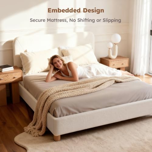 Full Size Cloud Bed Frame, Cream White Boucle Platform Bed, Upholstered