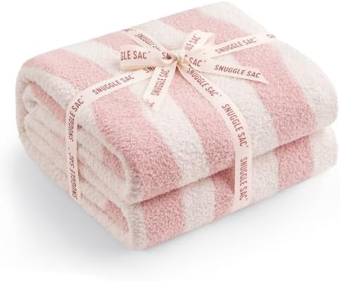 Snuggle Sac Wave Stripe Throw Blanket for Couch, Fuzzy Microfiber Blankets, Throws for Girls Daughter Gifts for Kid, Wave Pink White, 60x80 inches