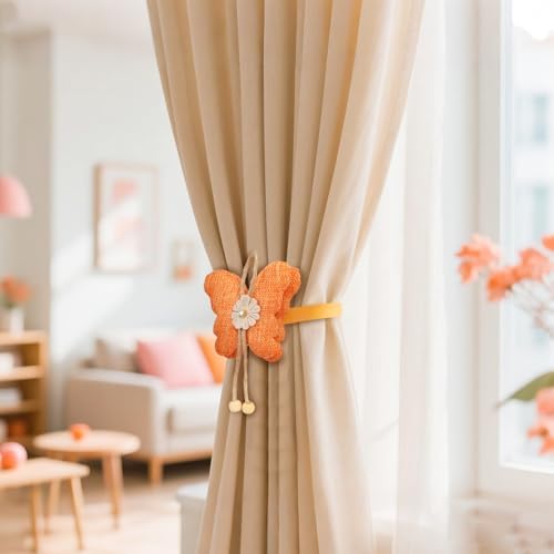 4 Pcs Cute Butterfly Curtain Holdbacks,Magnetic Curtain Tie Backs Decorative Rope for Living Room Bedroom Kitchen Bathroom Decoration (Orange)
