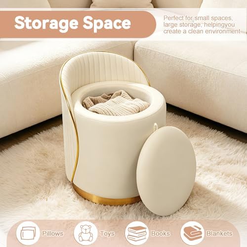 Vanity Chair with Storage, Leather Vanity Stool, 360° Swivel Makeup Chair with Back, No Assembly Upholstered Accent Chairs Stool for Bedroom, Dressing Room, Living Room, Cream