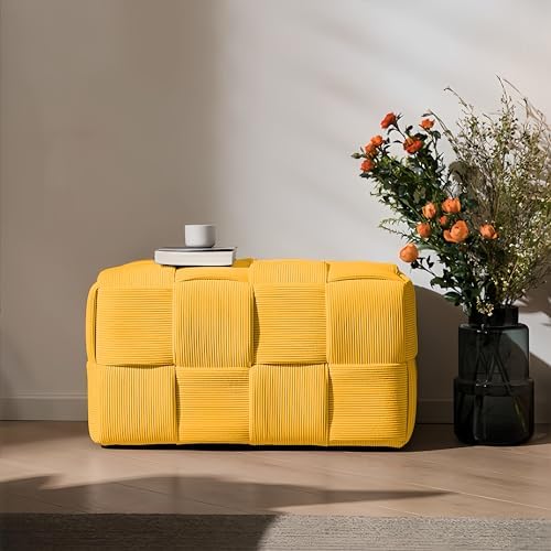 Cmishe 28" Rectangular Woven Corduroy Ottoman Footrest - Large Modern Entryway Bench & Bed End Stool, Sturdy Wood Frame, No Assembly (Yellow-L)