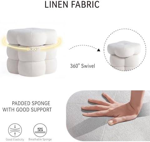 Get Set Style 360° Swivel Flower Ottoman, Linen Vanity Stool Footrest with 300LBS Capacity, No Assembly Small Space Accent Chair for Living Room Bedroom Entryway (Warm Ivory)
