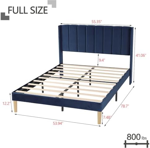 Full Size Bed Frame with Velvet Upholstered Headboard, Blue