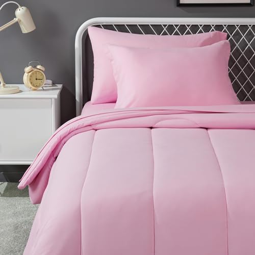 Amazon Basics 5-Piece Soft, Easy-Wash Microfiber Kid's Bed-in-a-Bag Bedding Set with Sheet and Comforter, Twin, Pink, Solid