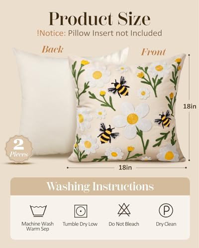 Embroidered Throw Pillow Covers 18x18 Inch, 2Pack, Flower Bee