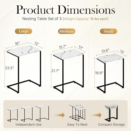 SUPER DEAL Nesting Tables Set of 3, Industrial C Shaped End Table Stackable Coffee Table Heavy Duty Metal Frame for Small Space, Living Room, Bedroom, Side Table Tray for Laptop Snack, White