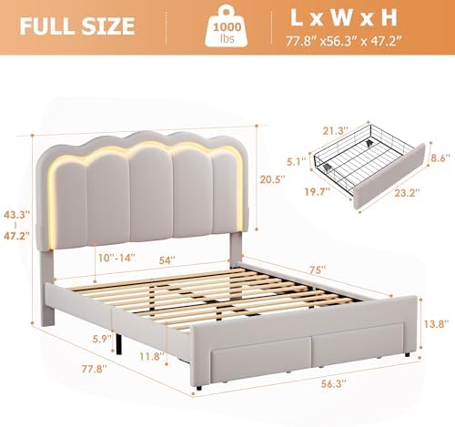 Full Upholstered LED Bed Frame with 2 Storage Drawers and Adjustable Chic Double Wavy Headboard, Velvet Prince Platform Bed with Charing Station, Solid Wood Slats Support,No Box Spring Needed,Grey