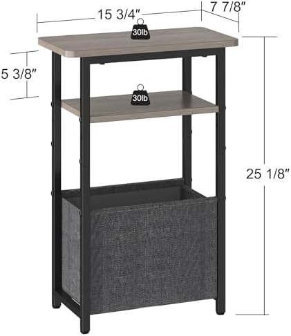 sthmec Narrow Side Table Set of 2, Skinny End Tables with Fabric Basket, Small Side Tables for Small Space,2-Tier Open Shelves with Basket, Slim Nightstands Set 2 for Bedroom,Livinroom,Office, Grey