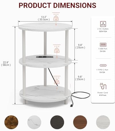 XBurmo Small Round End Table - 3 Tier Design Accent Table, Narrow Side or Bedside Stand, Industrial Vintage Table for Small Spaces, Built-in USB Ports and Power Outlet, Marble White