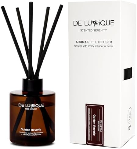 Golden Reverie Scent Aroma Diffuser for Home – Reed Diffuser with Essential Oils – Long Lasting Room Scent Diffuser, Vanilla Pear Scent – 150ml