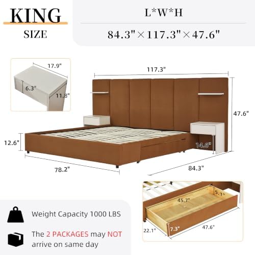 King Size Bed Frame with Storage & Built-in Nightstands & Drawers, Ocher