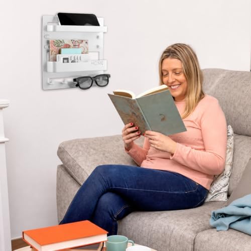 Bedside Wall Shelf, Adhesive Floating Shelves Dorm Decor with 5 Hooks