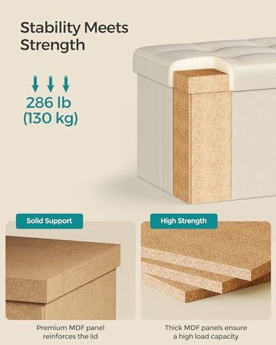 SONGMICS Mazie Collection - Small Folding Storage Ottoman, Foot Rest Stool, 12.2 x 16.1 x 12.2 Inches, 286 lb Load Capacity, for Living Room, Bedroom, Home Office, Dorm, Cream White ULSF102W01