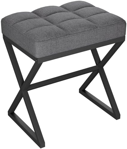 YMYNY Vanity Stool, Linen Footrest, Ottoman Bench with X-Shaped Metal Legs, Makeup Dressing Stool for Vanity, Living Room, Bedroom, Entryway, Hallways 15.74" D×11.81" W×18.11" H Grey UHBD033G