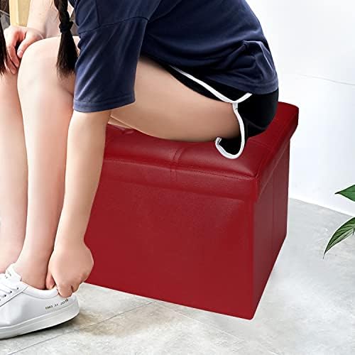 Bsketa Storage Ottoman Bench,17 Inch Folding Leather Foot Rest Stool,Red